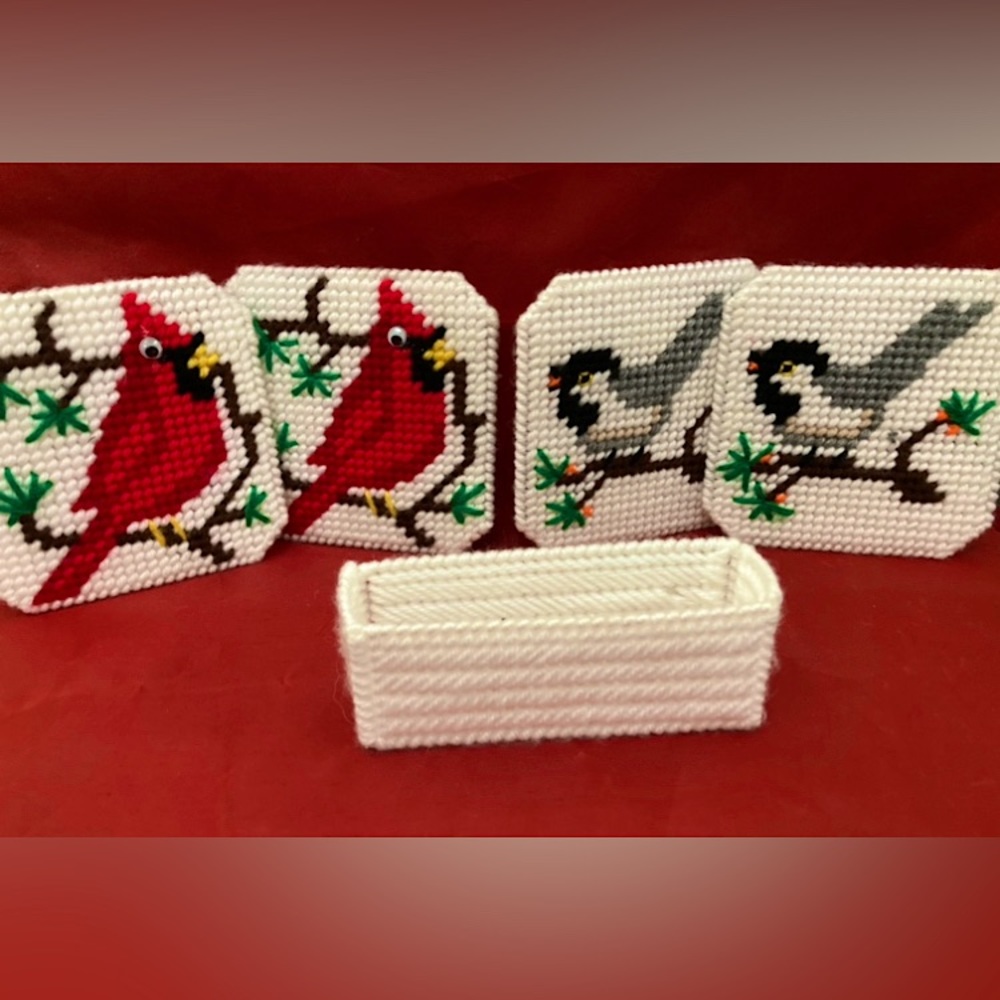 Vintage Handmade Embroidered Plastic Canvas Winter Birds Coaster Set!